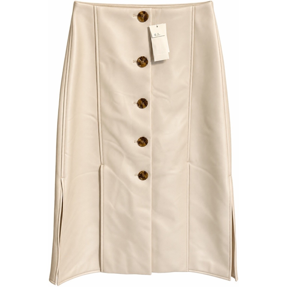 Banana Republic NWT Vegan Leather Midi Skirt 6 Ivory Button Front A Line
